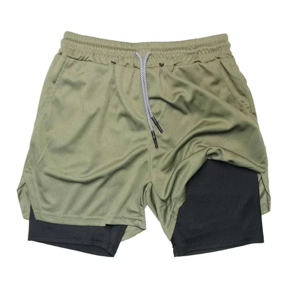Men's double layer fitness shorts for gym training and jogging, quick dry, elastic waist, polyester, casual summer sportswear