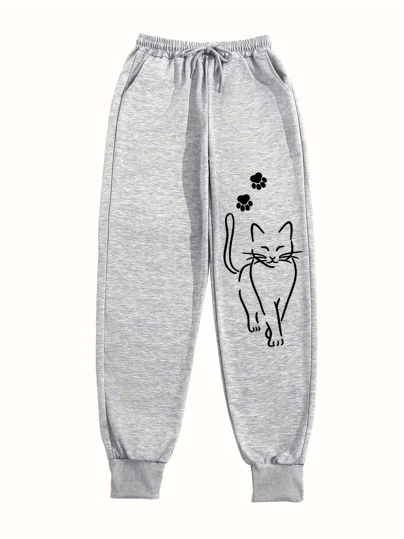 Elegant Cat Print Female Casual Versatile Women Pants Fashion Trendy Trousers With Drawstring Pockets Comfortable Sweatpants