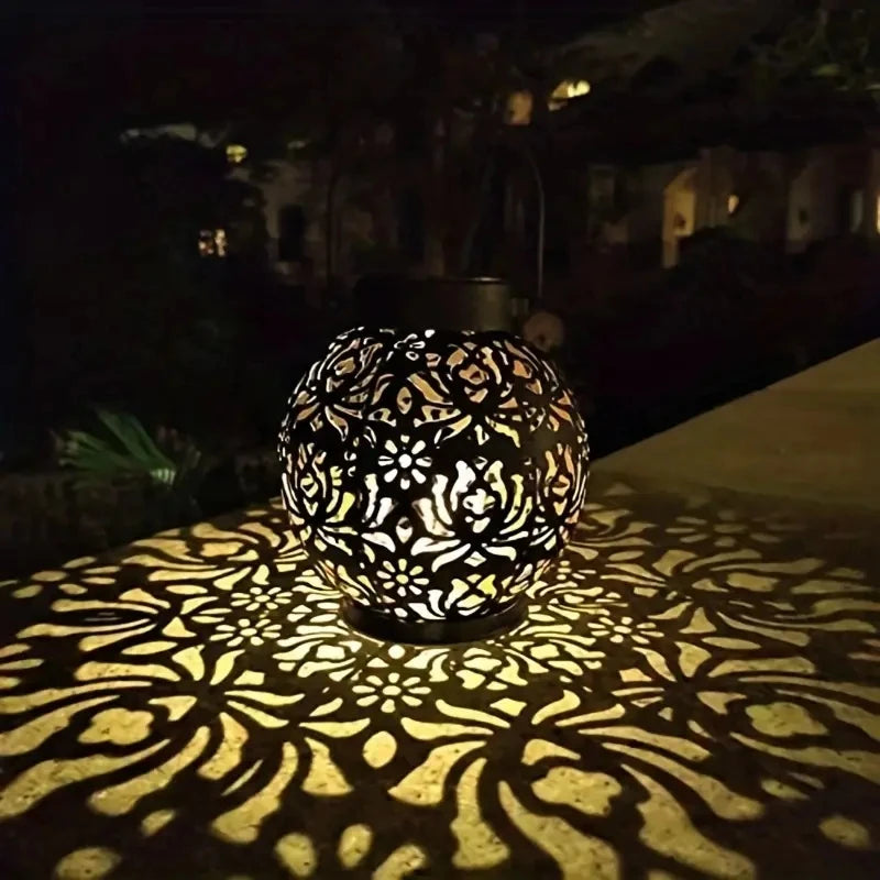 Outdoor Garden Landscape Decoration Solar Lights LED Hanging Hollow Projection Lights Metal Waterproof round Lantern Lights