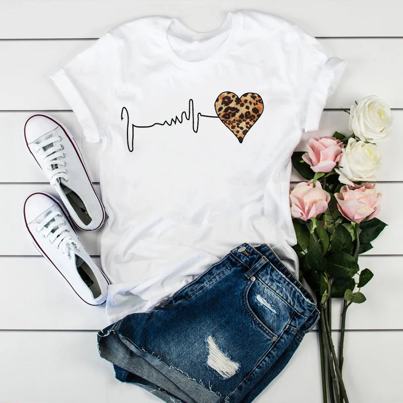 Summer 90 's Leopard Heartbeat Short Sleeve Print Clothing Harajuku Graphic Clothing Women's Top T - Shirt