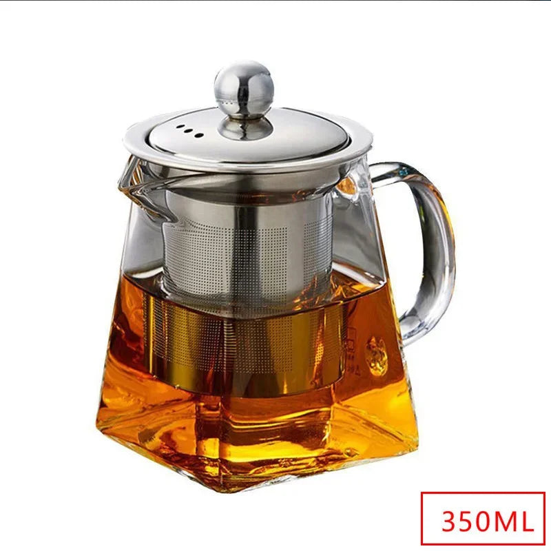 Heat Resistant Glass Teapot With Stainless Steel Coffee Infuser Heated Container Tea Pot