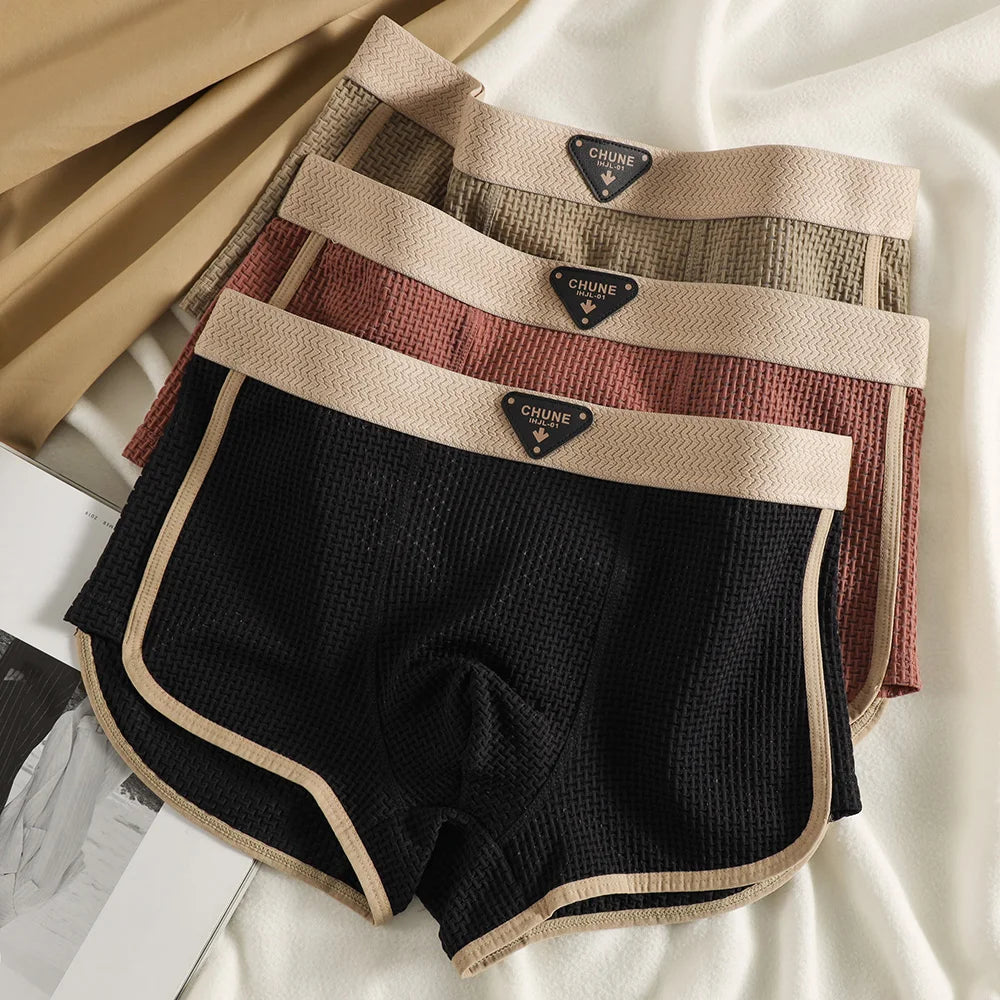 Fashion Ice Silk Knitted Plaid Boxers Breathable Comfort 3Pcs Pack Super Soft Men Panties
