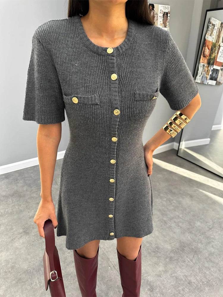 Trendix Elegant Knit Mini Dress Women Street Short Sleeve Rib Sweater Vacation Bodycon Knitwear Dress