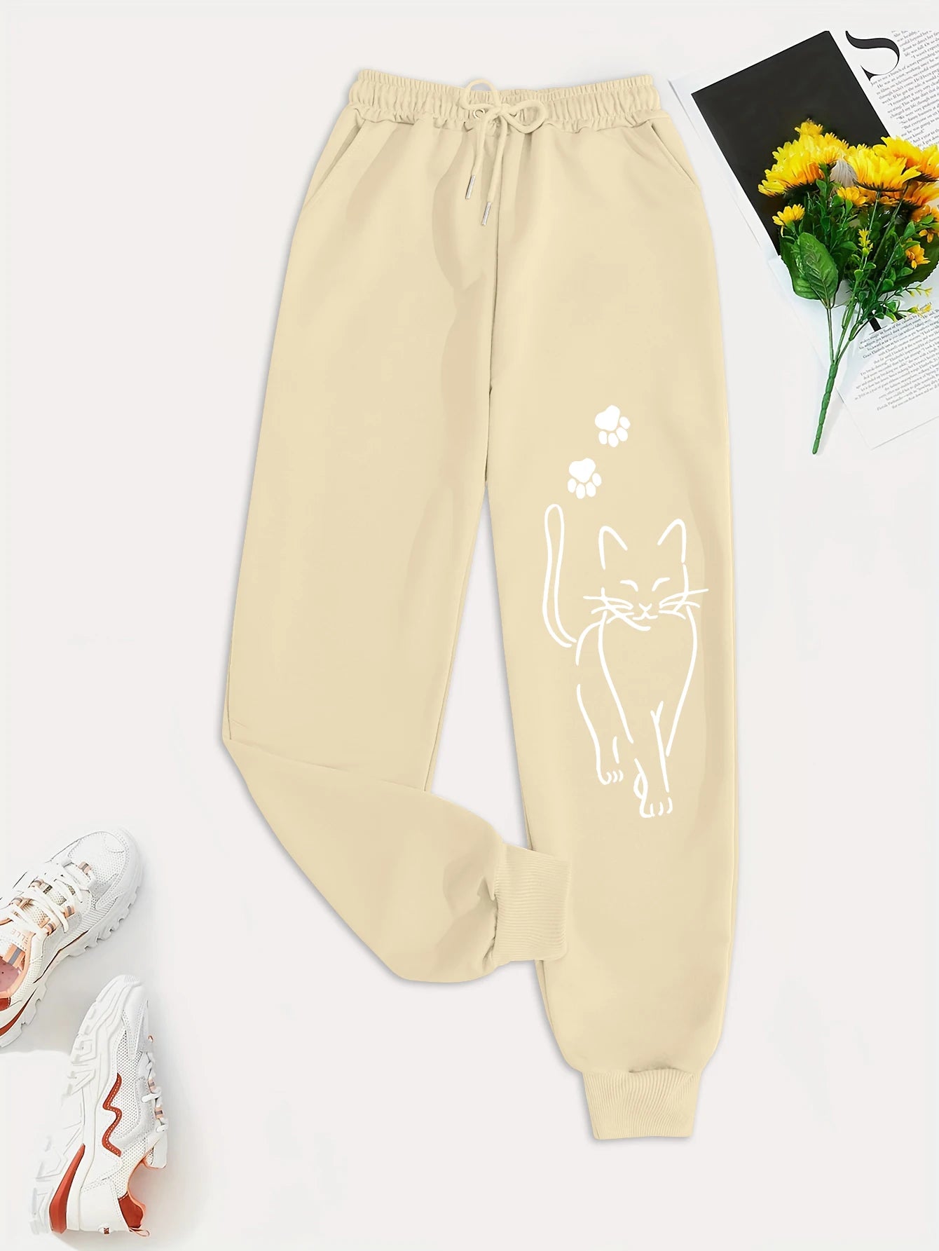 Elegant Cat Print Female Casual Versatile Women Pants Fashion Trendy Trousers With Drawstring Pockets Comfortable Sweatpants