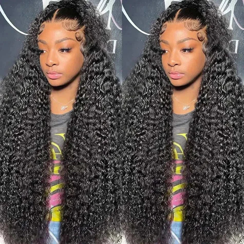 Deep Wave Lace Front Wig with long curly black hair on woman