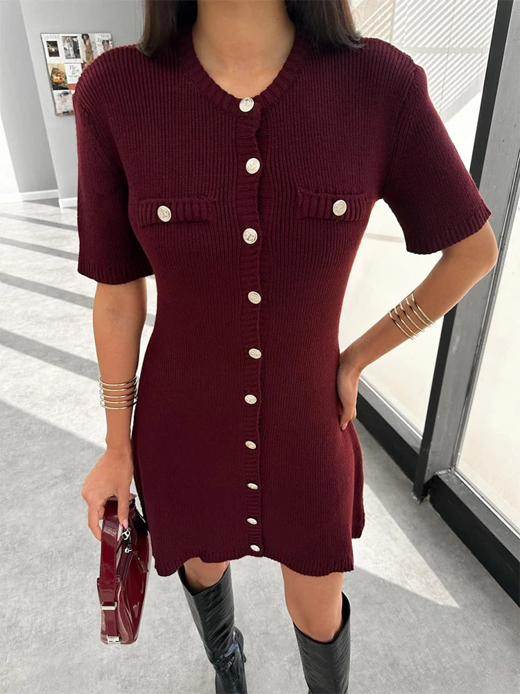 Trendix Elegant Knit Mini Dress Women Street Short Sleeve Rib Sweater Vacation Bodycon Knitwear Dress