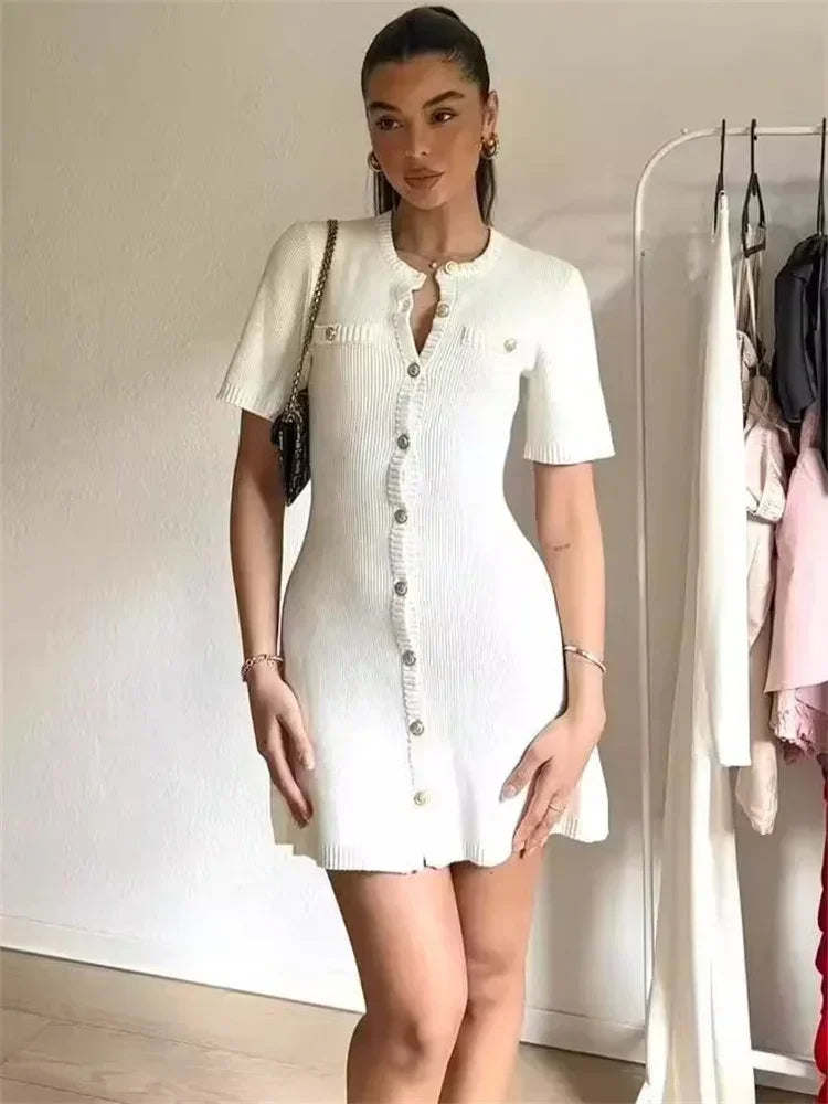 Trendix Elegant Knit Mini Dress Women Street Short Sleeve Rib Sweater Vacation Bodycon Knitwear Dress
