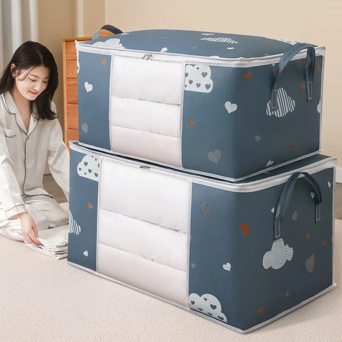 Large Capacity Clothes Storage Bag Organizer With Sturdy Zipper Reinforced Handle Suitable For Blankets Bedding Foldable