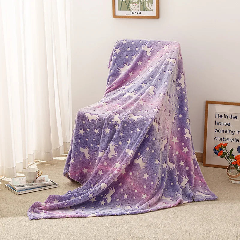 New spacecra Glow in The Dark Blanket for Kid Birthday Bedroom Decor Unicorns Toys Soft Cozy Luminous Throw Blanket