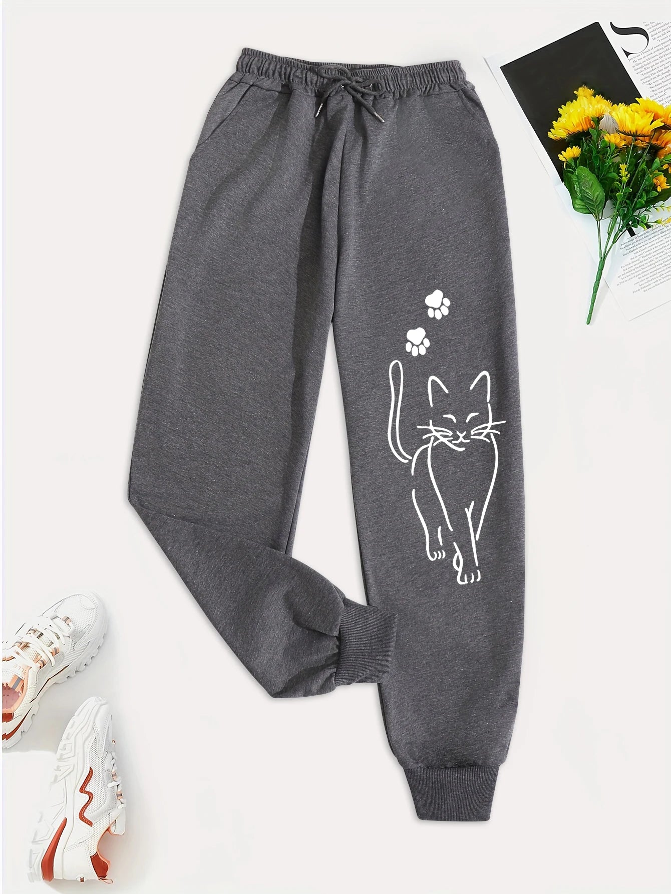 Elegant Cat Print Female Casual Versatile Women Pants Fashion Trendy Trousers With Drawstring Pockets Comfortable Sweatpants