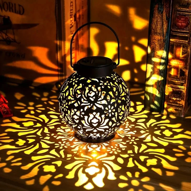 Outdoor Garden Landscape Decoration Solar Lights LED Hanging Hollow Projection Lights Metal Waterproof round Lantern Lights