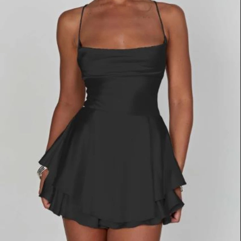 Satin Silk Women Sexy Cami Playsuits Dress Solid Cowl Neck Short Jumpsuits Cross Tie-Up Romper