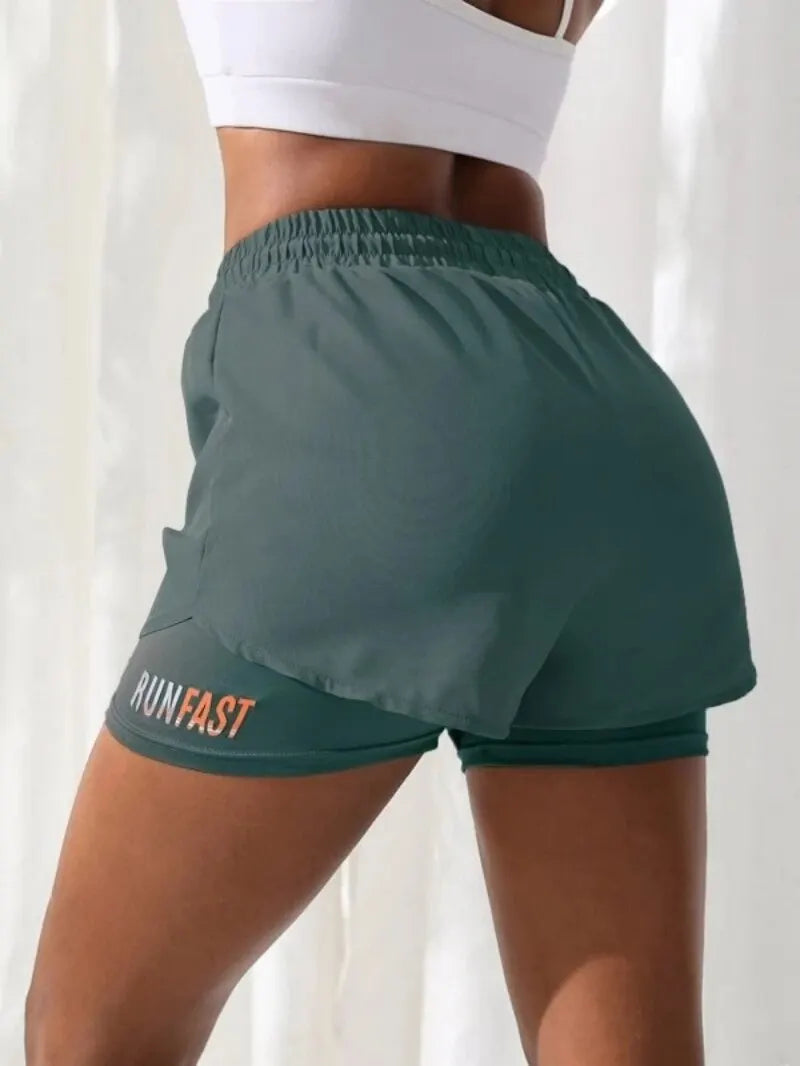 Women's High Rise Yoga Shorts Elastic Proximity Control Running Shorts Fake Two-Piece Pants Design Eye-Catching Keep Short