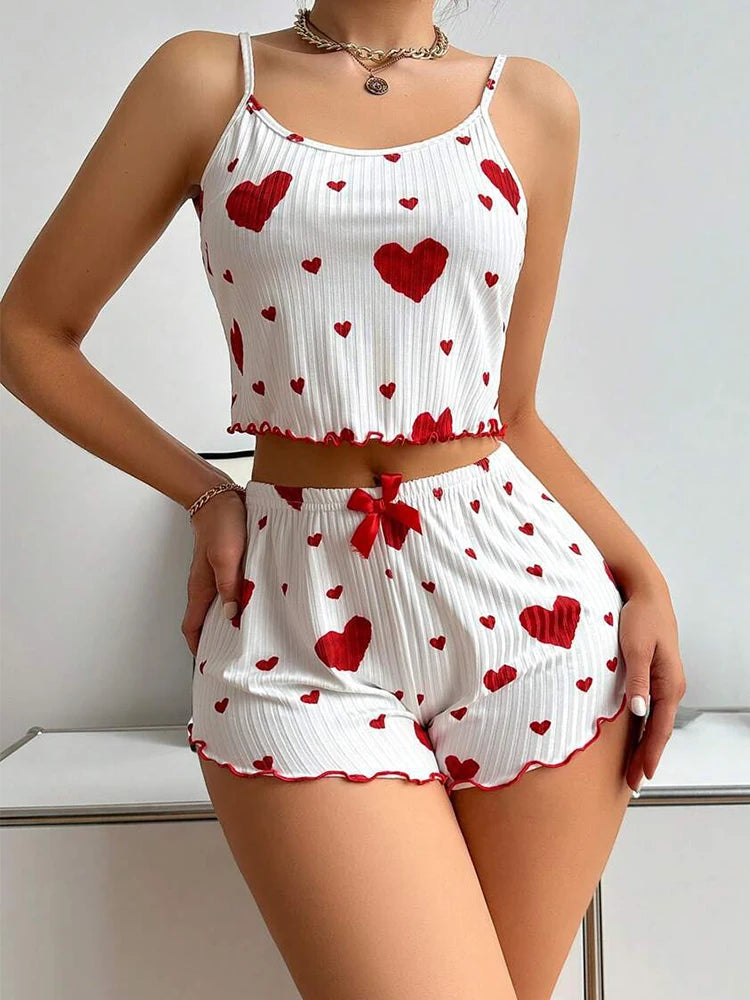 Women Pajama Heart Print Camisole With Shorts Casual Lovely Nightie Home-wear Sleepwear Comfotable Stripe Summer Pajamas Set