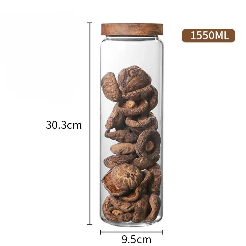 1pcs Wood Lid Orgnizer Glass Airtight Canister Jar Sealed Food Container Ginger Cereal Dispenser Set Kitchen Storage Bottles