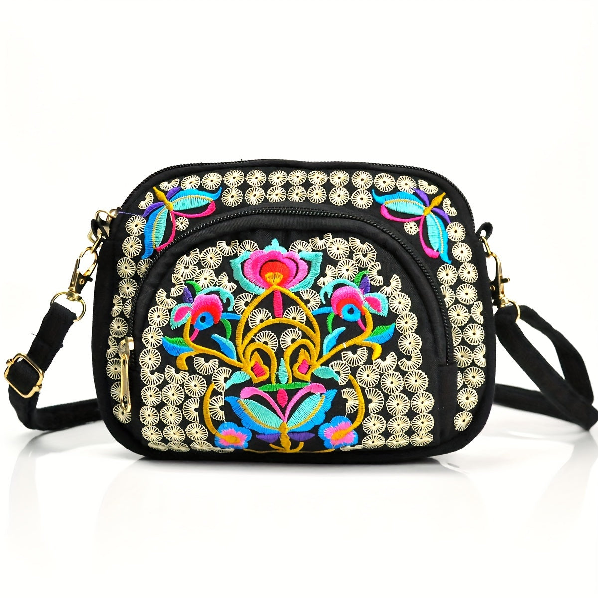 Floral Embroidered Crossbody Zipper Bag Purse Travel Accessory for Women Outings