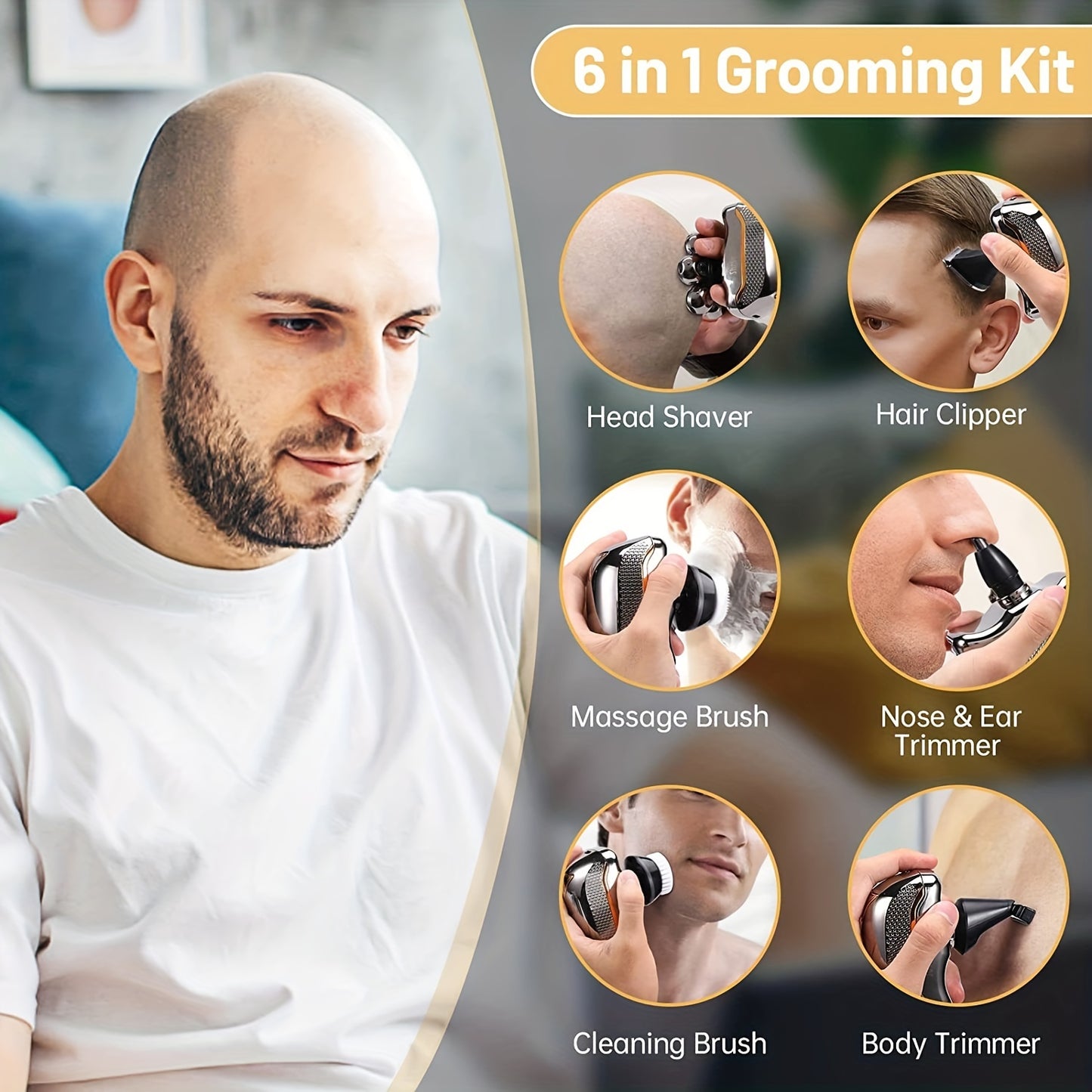 Men Electric Head Shaver for Man 6 in 1 Wet Dry Grooming Kit 7 Rotary Multi Functional