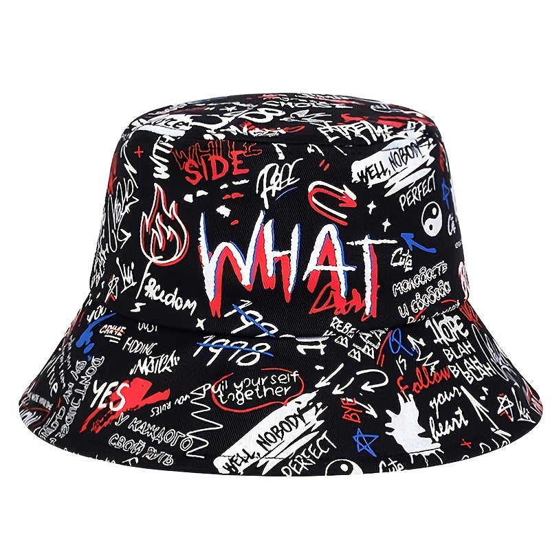 1 Men's "What" Graffiti-Style Bucket Hat Black Colorful Perfect for Trendy Outfit