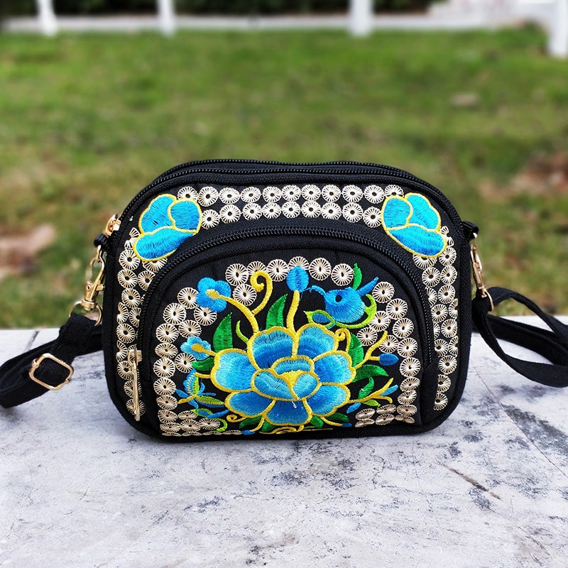Floral Embroidered Crossbody Zipper Bag Purse Travel Accessory  for Women Outings