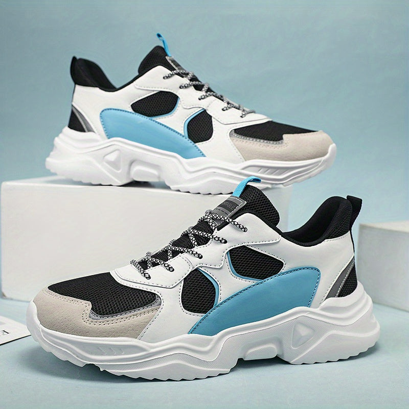 Chunky Breathable White & Teal Men Casual Sneakers Lace-Up Design for All Seasons