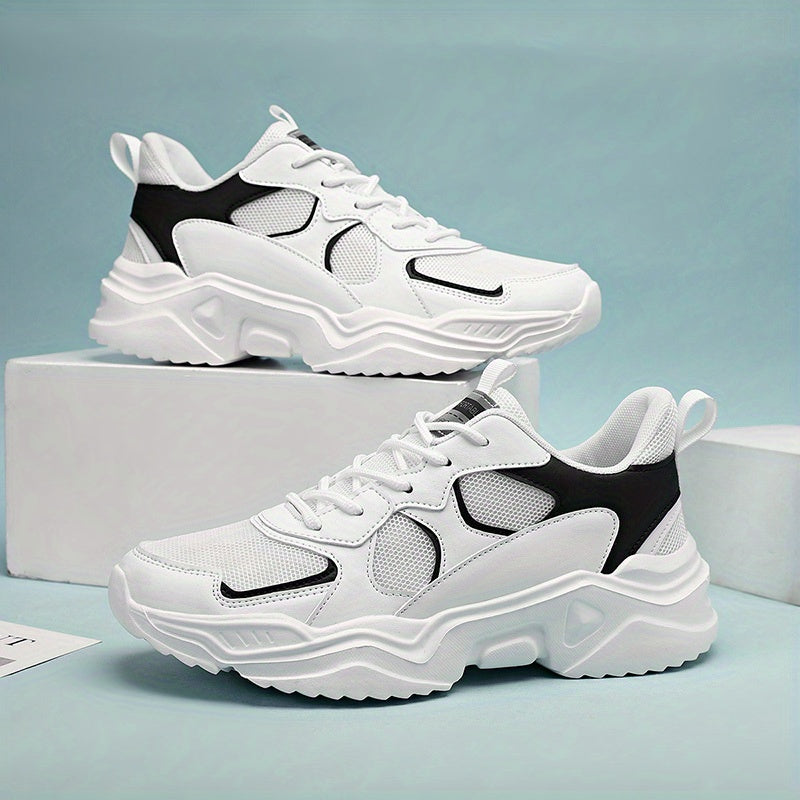 Chunky Breathable White & Teal Men Casual Sneakers Lace-Up Design for All Seasons