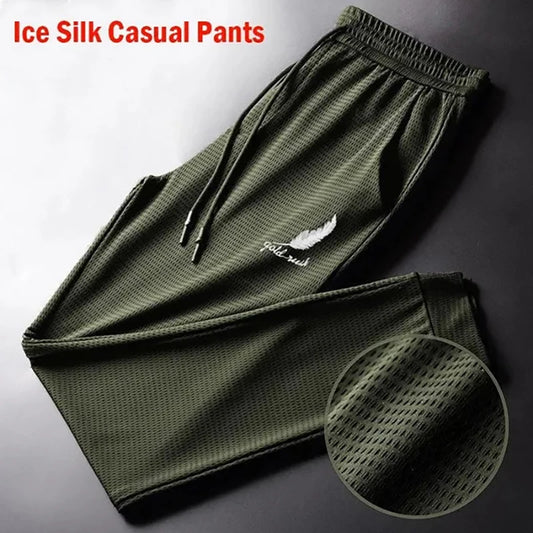 Men's Summer Ice Silk Pants Mesh Breathable Casual Thin Quick Dry Pants Loose Elastic Beam Feet Pants Sports Fitness Trousers