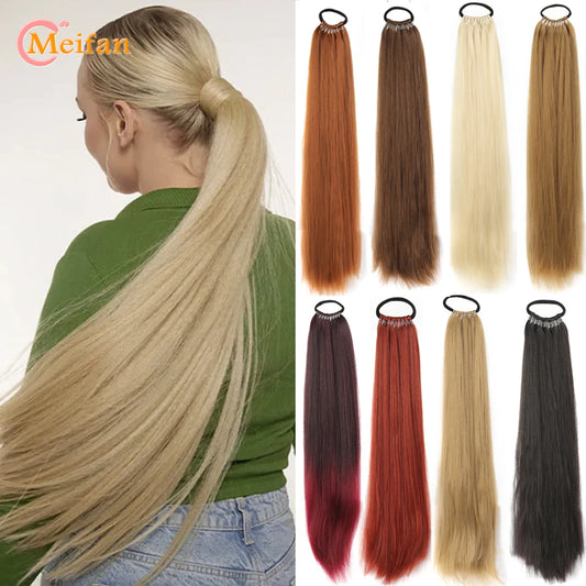 24 Inch Synthetic Ponytail Extensions Black Natural Braided Hairpiece Long Straight Rubber Band Hair For Women