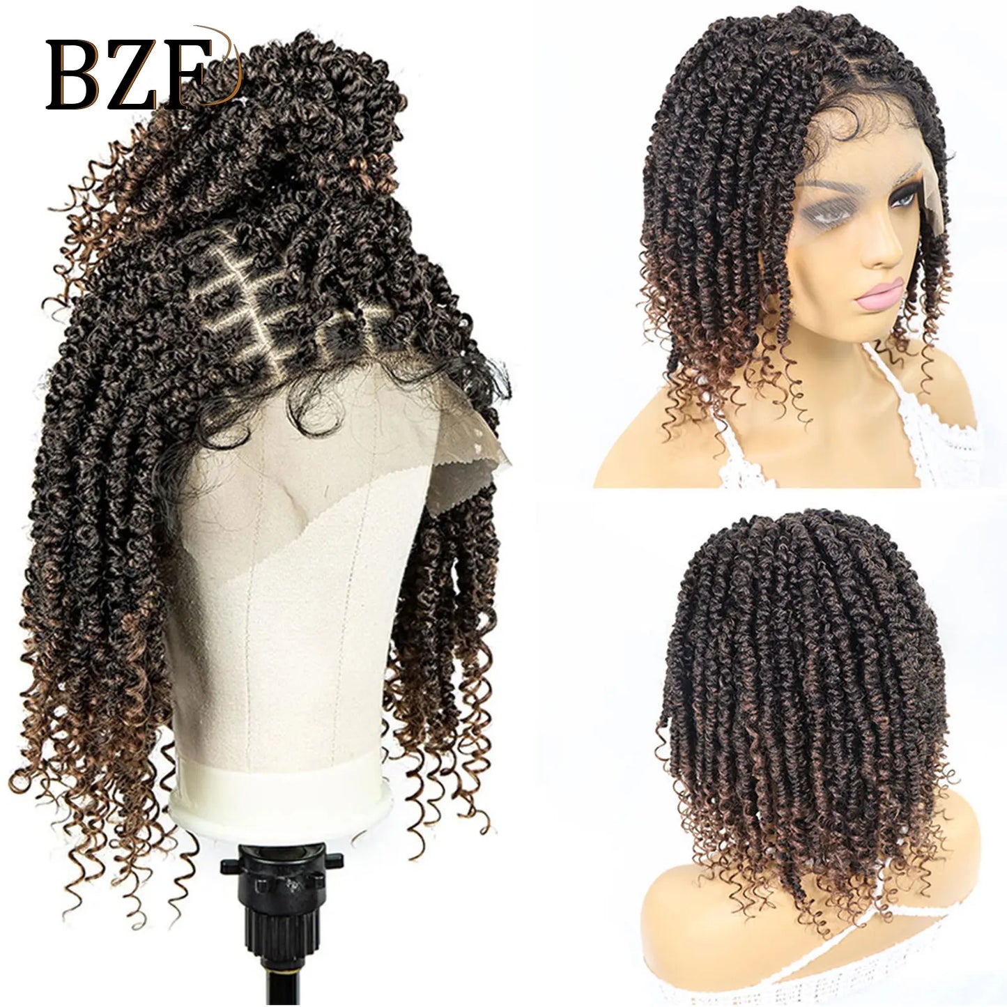 Short Twist Braided Wigs Curly Ends Blonde Bob Lace Front Wig For Women Synthetic 12Inch Wig