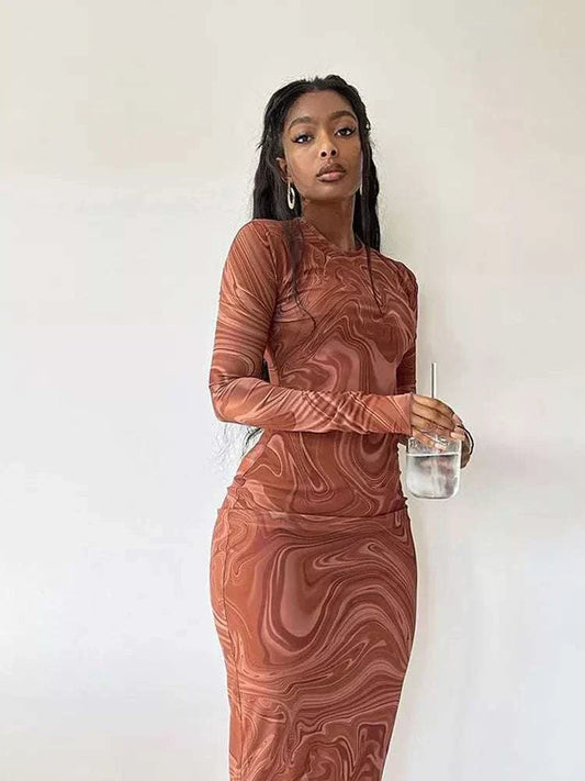 Brown mid-calf long sleeve slim fit sheath dress for women by Vamos Todos