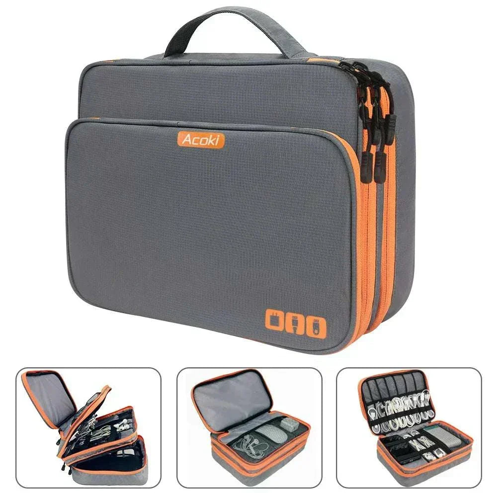 Black multi-layer electronic organizer handbag with front pocket for travel accessories and cables