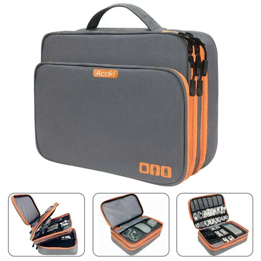 Black multi-layer electronic organizer handbag with front pocket for travel accessories and cables
