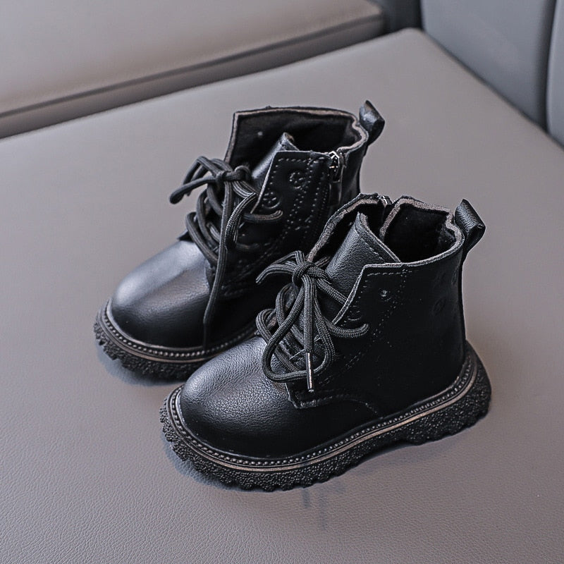 Autumn And Winter New Two-cotton Warm Female Baby Thin Velvet Lace-up Leather Boots Boy Martin Boots Cute Print Ankle Boots 2021