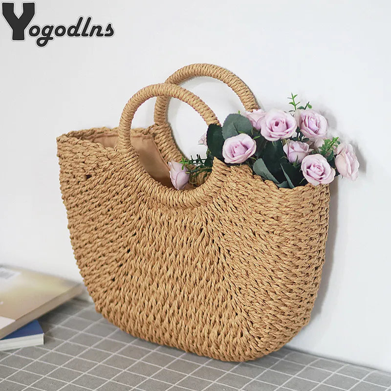 Summer Handmade Bags for Women Beach Weaving Ladies Straw Bag Moon shaped Top Handle Handbags Totes