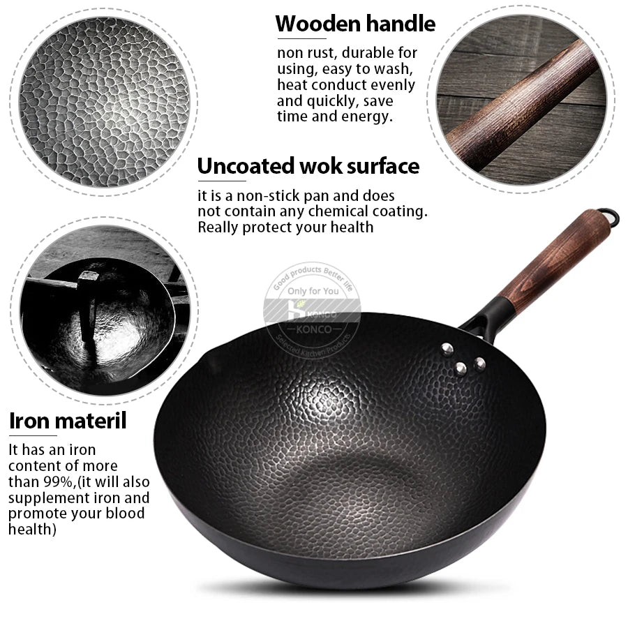 Pure Iron wok cast iron pan Non-coated Pot for Gas and Induction Cooker Wok Cookware Pan