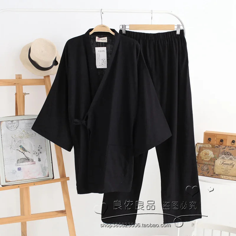 Kimono Cardigan Pants 2pcs Set Men Nightwear Bathrobe Cotton Comfortable Home Suit Robe Sleepwear