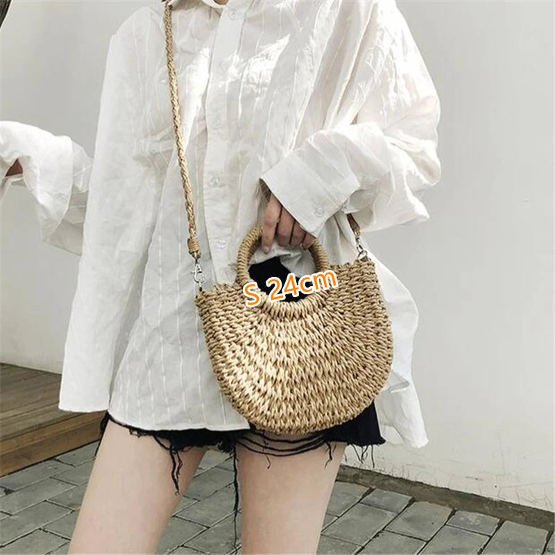 Summer Handmade Bags for Women Beach Weaving Ladies Straw Bag Moon shaped Top Handle Handbags Totes