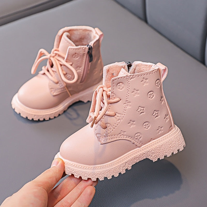 Autumn And Winter New Two-cotton Warm Female Baby Thin Velvet Lace-up Leather Boots Boy Martin Boots Cute Print Ankle Boots 2021