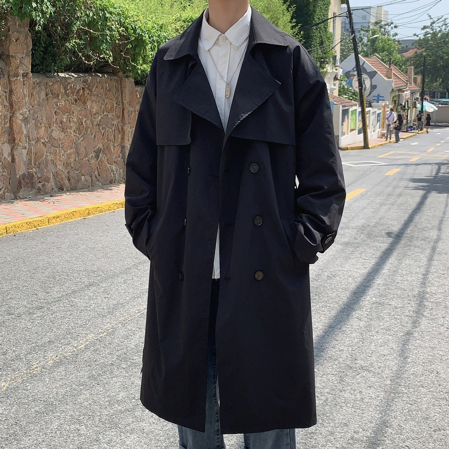 Spring Trench Coat Male Streetwear Windbreaker Men Solid Business Long Overcoat