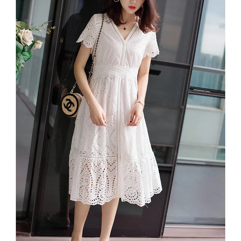 spring high-end French niche temperament ladies V-neck short-sleeved dress