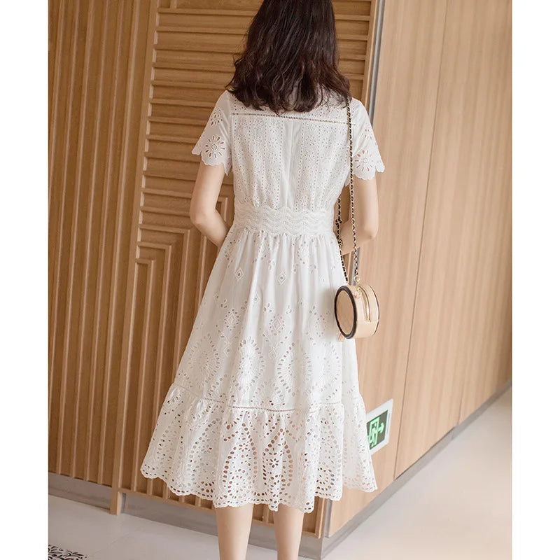 spring high-end French niche temperament ladies V-neck short-sleeved dress