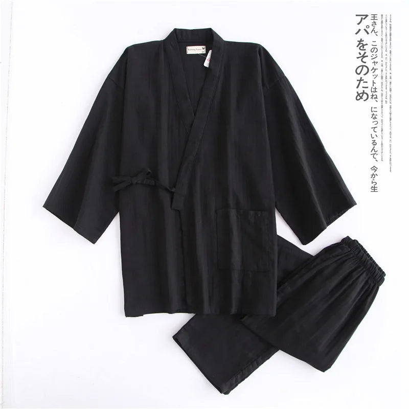 Kimono Cardigan Pants 2pcs Set Men Nightwear Bathrobe Cotton Comfortable Home Suit Robe Sleepwear