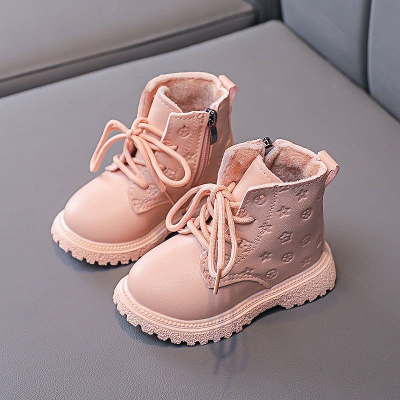 Autumn And Winter New Two-cotton Warm Female Baby Thin Velvet Lace-up Leather Boots Boy Martin Boots Cute Print Ankle Boots 2021