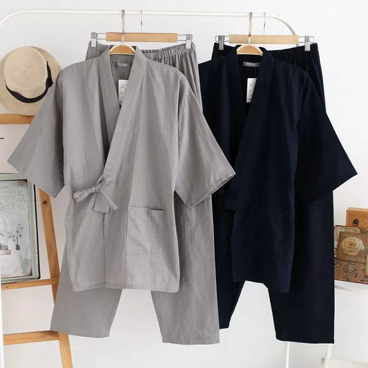 Kimono Cardigan Pants 2pcs Set Men Nightwear Bathrobe Cotton Comfortable Home Suit Robe Sleepwear