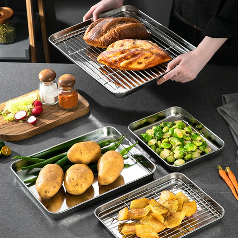 Stainless Steel BBQ Grid Non-Stick Bakeware with Cooling Rack Rectangle Baking Pan Home Food Storage Tray Plate Kitchen Utensils