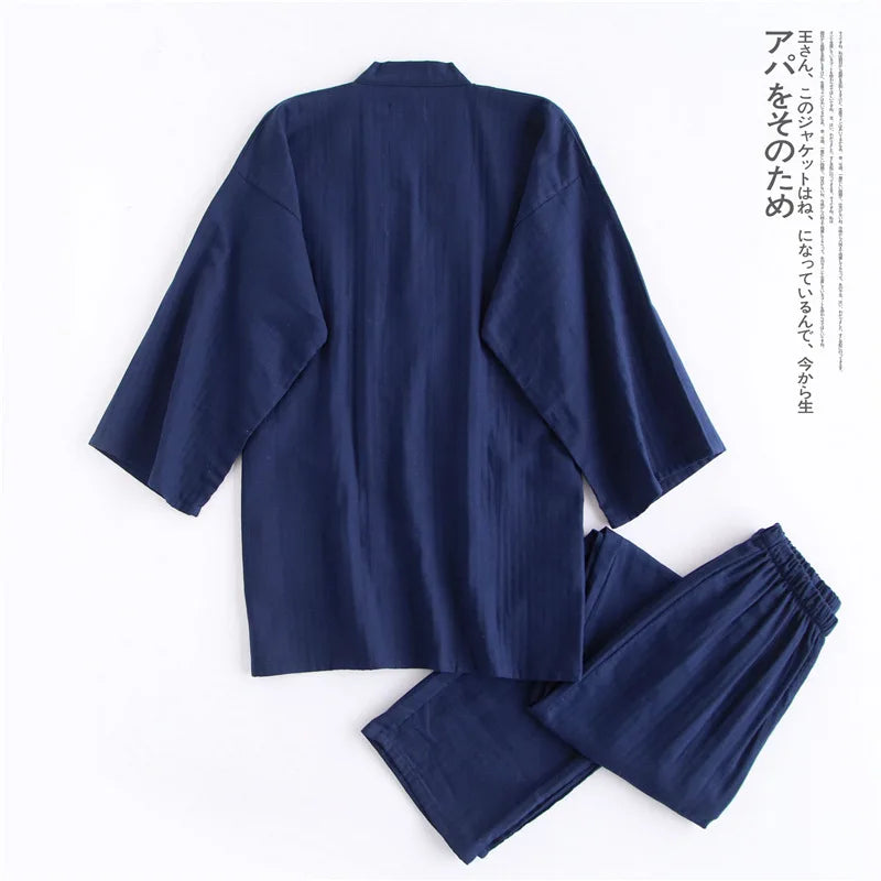 Kimono Cardigan Pants 2pcs Set Men Nightwear Bathrobe Cotton Comfortable Home Suit Robe Sleepwear