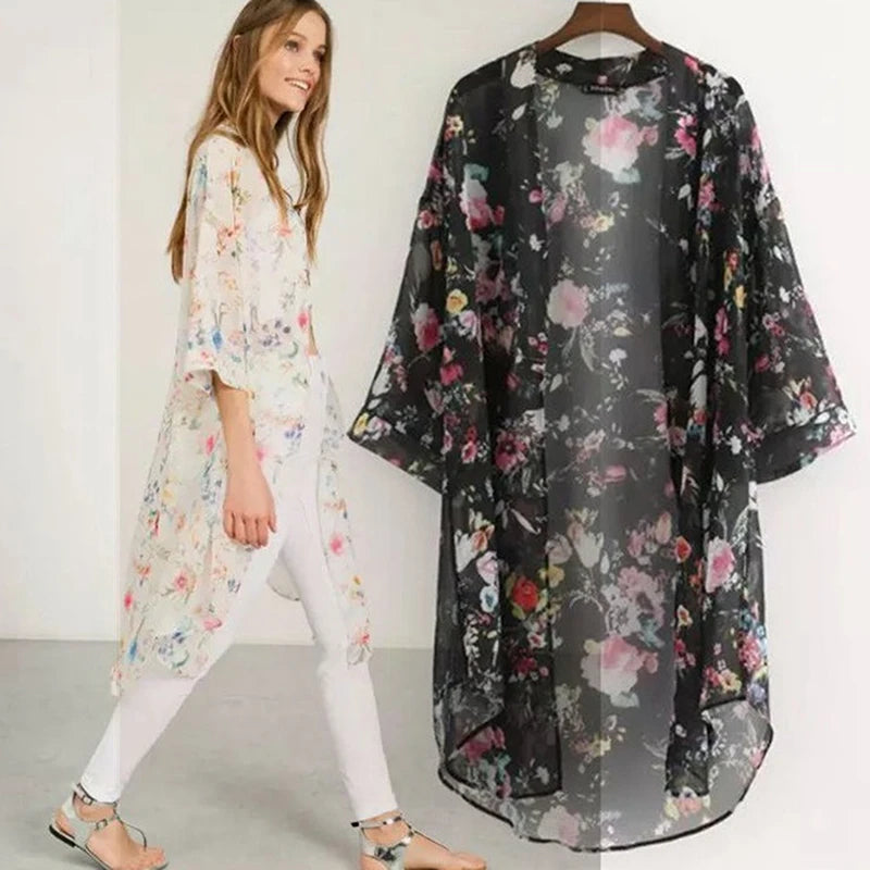 Women Vintage Floral Chiffon Shirts Loose Shawl Kimono Cardigan Boho Tops Long Sunscreen Jacket Blouse