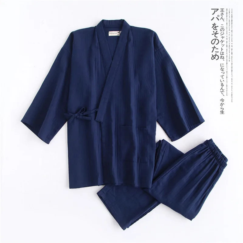 Kimono Cardigan Pants 2pcs Set Men Nightwear Bathrobe Cotton Comfortable Home Suit Robe Sleepwear