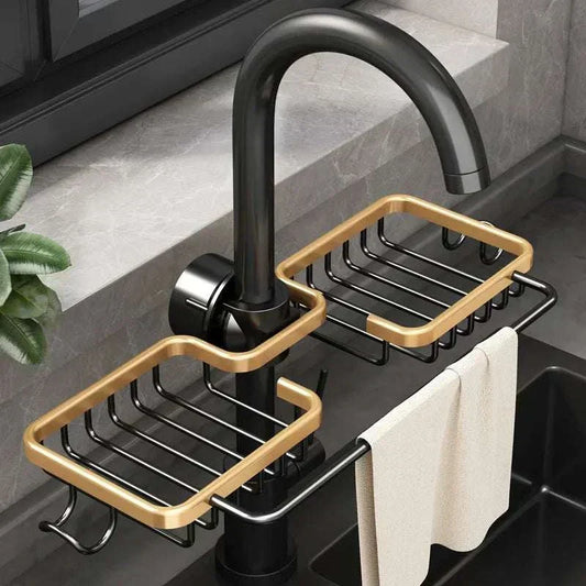 Metal kitchen sink drain rack sponge and soap storage organizer hanging on faucet