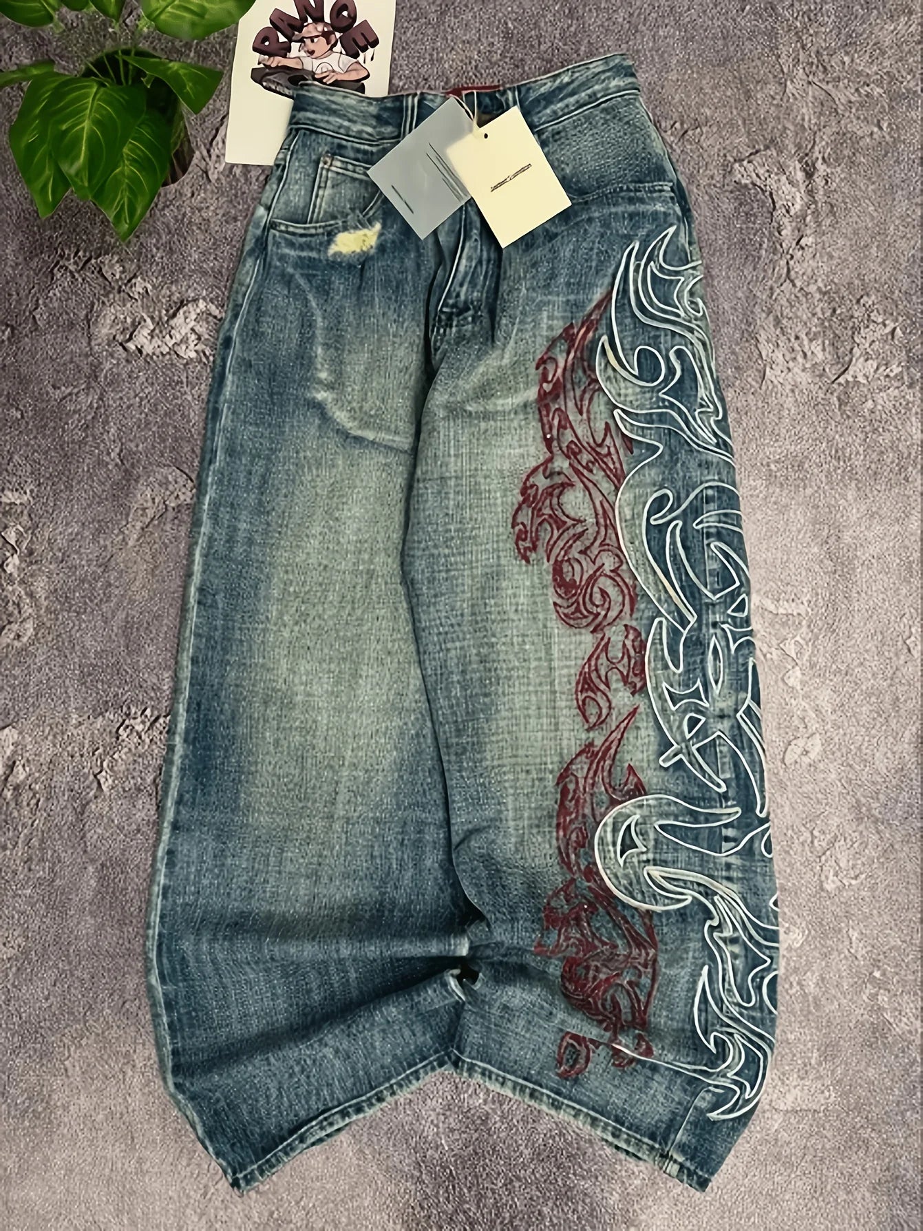 Men's Loose Fit Wide Leg Jeans Embroidery Vintage Washed Denim Streetwear Pant