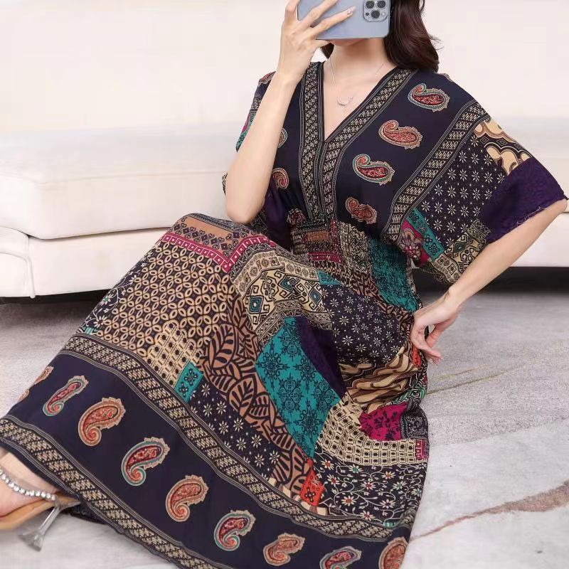 Casual Elegant V-neck Tunic Large Printed Dress Long Skirt